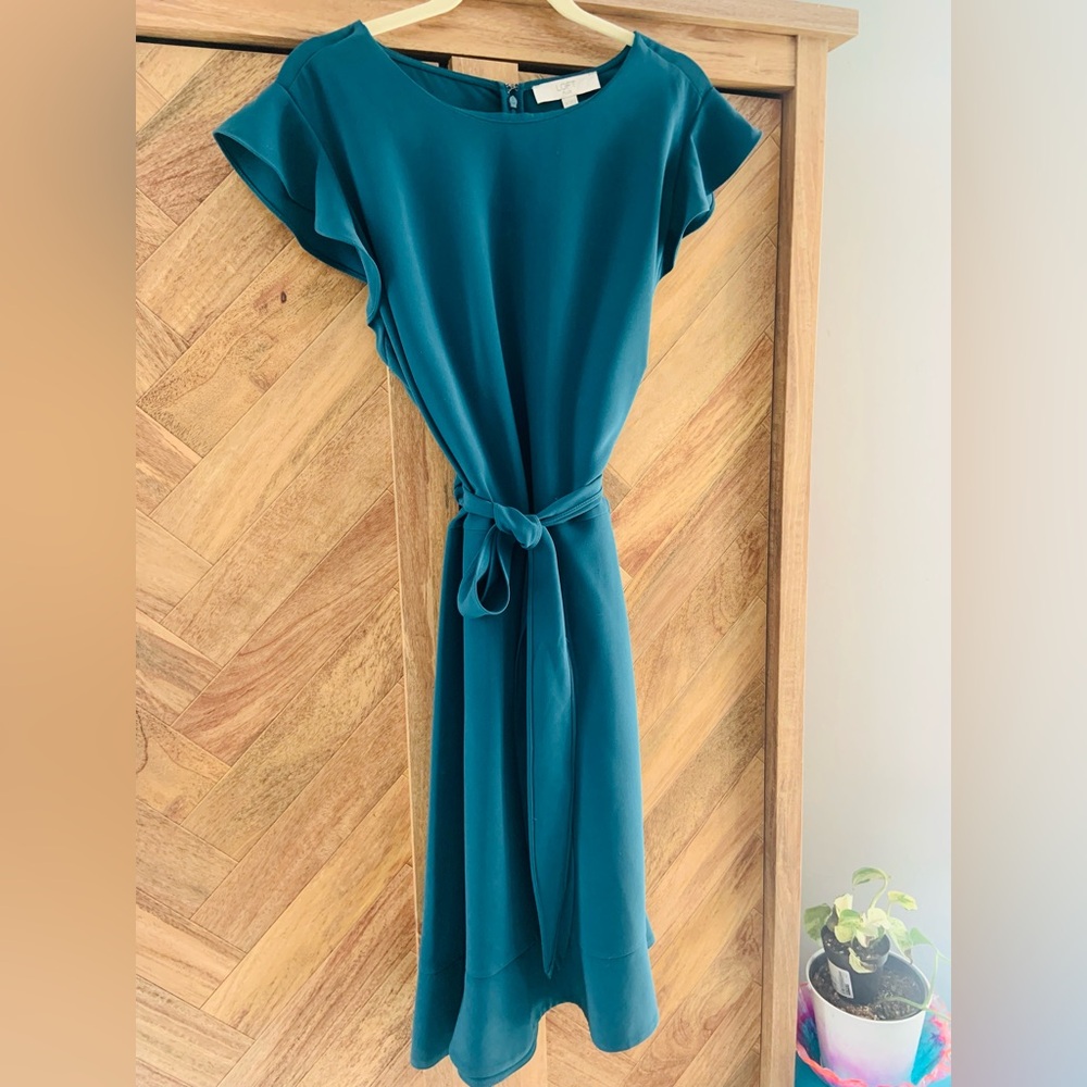 LOFT Teal Ruffle Sleeve Mini Dress